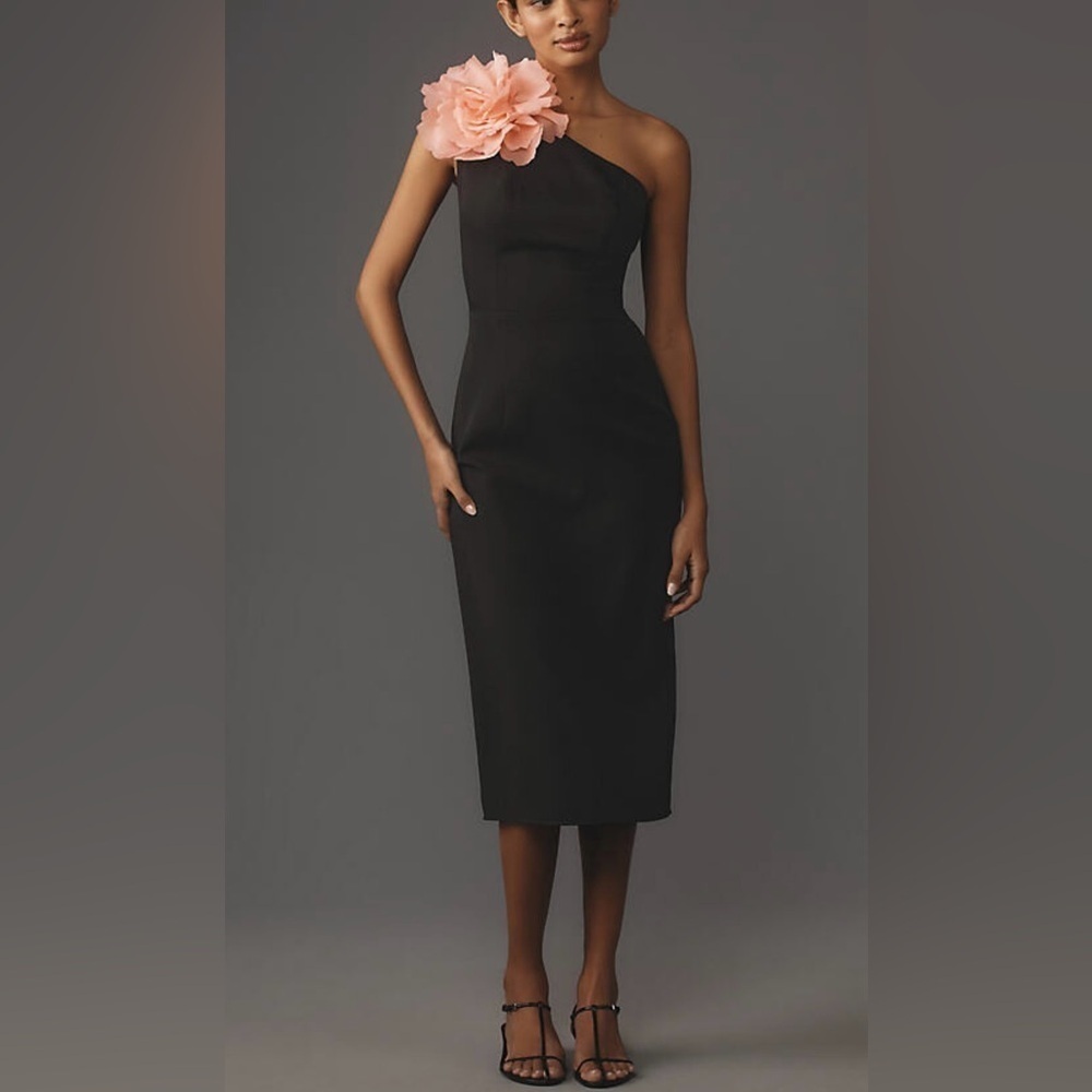 MAC DUGGAL One-Shoulder Floral Appliqué Midi-Dress elegant party